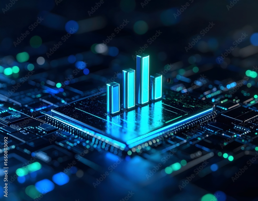 Poster data analysis on computer chip, digital technology and artificial intelligence concept