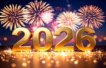 Golden 2026 numbers with fireworks background