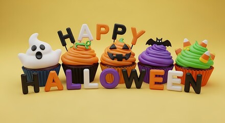 A festive display of halloween cupcakes with ghost pumpkin and bat designs on a yellow background surface