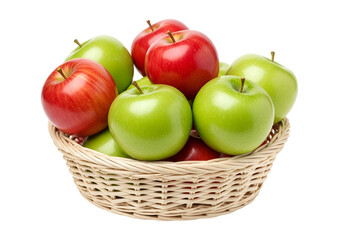 Fresh Red and Green Apples in a Wicker Basket Displayed Against a Black Background