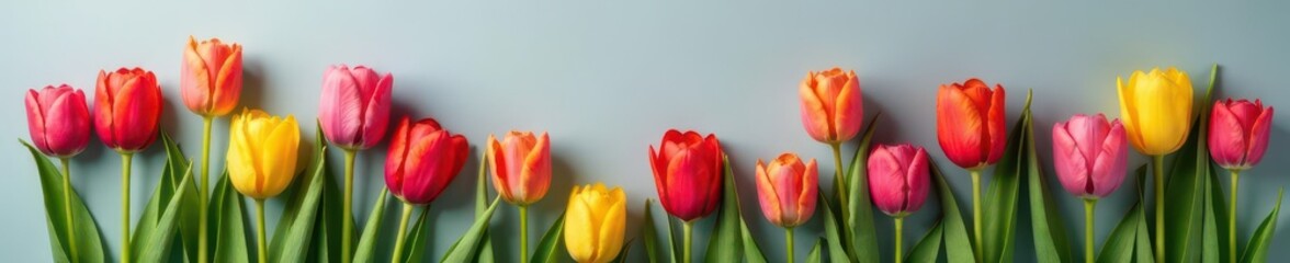 Colorful tulips in a loose arrangement against a gray background, fresh flowers, tulip flowers