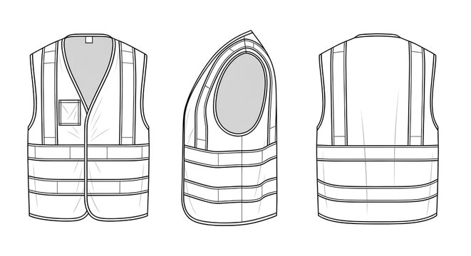 Vector illustration template of a high-visibility safety vest. Technical outline drawing with front, side, and back views for workwear design.