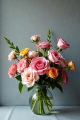 Fototapeta premium Elegant grey backdrop showcasing a vibrant floral arrangement , still life, art