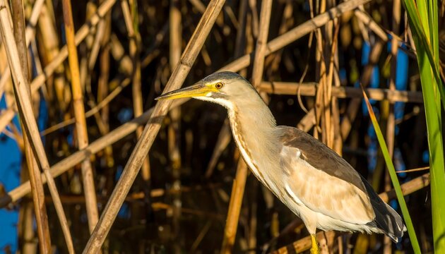 Close-up of a Eurasian bittern amongst reeds.