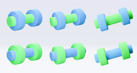 Blue and green Dumbbell Realistic icon, 3d render. Isolated on white backround. Sport And Fitness design set. Vector illustration for shop, flyer, banner, web, advertising, sale