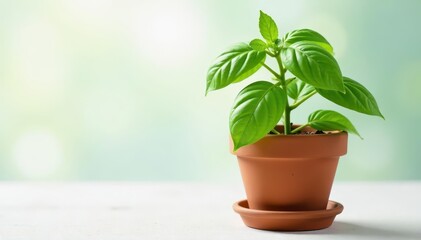 Fototapeta premium Fragrant basil plant in a clay pot with water , greenery, nature