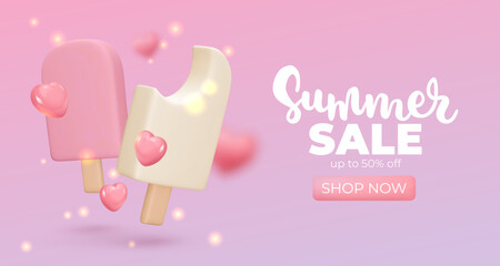 Banner with vanila and pink Ice cream on pink background, summer sale, up to 50%, 3d render. Design elements. Realistic sweet food poster. Vector illustration for menu, shop, flyer, web, adv, sale
