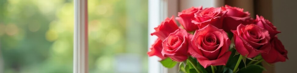 Fresh roses arranged in a elegant bouquet placed near a window with natural light pouring in, interior, decoration