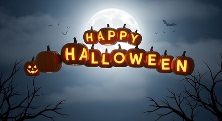 A spooky halloween scene featuring pumpkins spelling happy halloween with a full moon and bats flying by