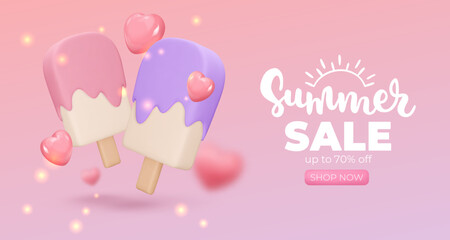 Banner with vanila Ice cream glazed on pink background, summer sale, up to 70%, 3d render. Design elements. Realistic sweet food poster. Vector illustration for menu, shop, flyer, web, adv, sale