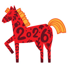 A red horse with yellow mane. Happy Lunar Chinese New Year 2026 greeting card, banner. Animal zodiac character isolated on white background