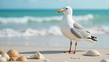 Seagull standing on sandy beach with seashells near ocean