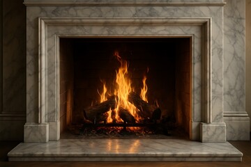 Elegant marble fireplace with roaring fire