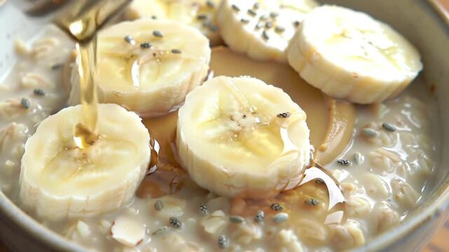 Creamy oat porridge topped with banana slices, honey drizzle, peanut butter, and seeds