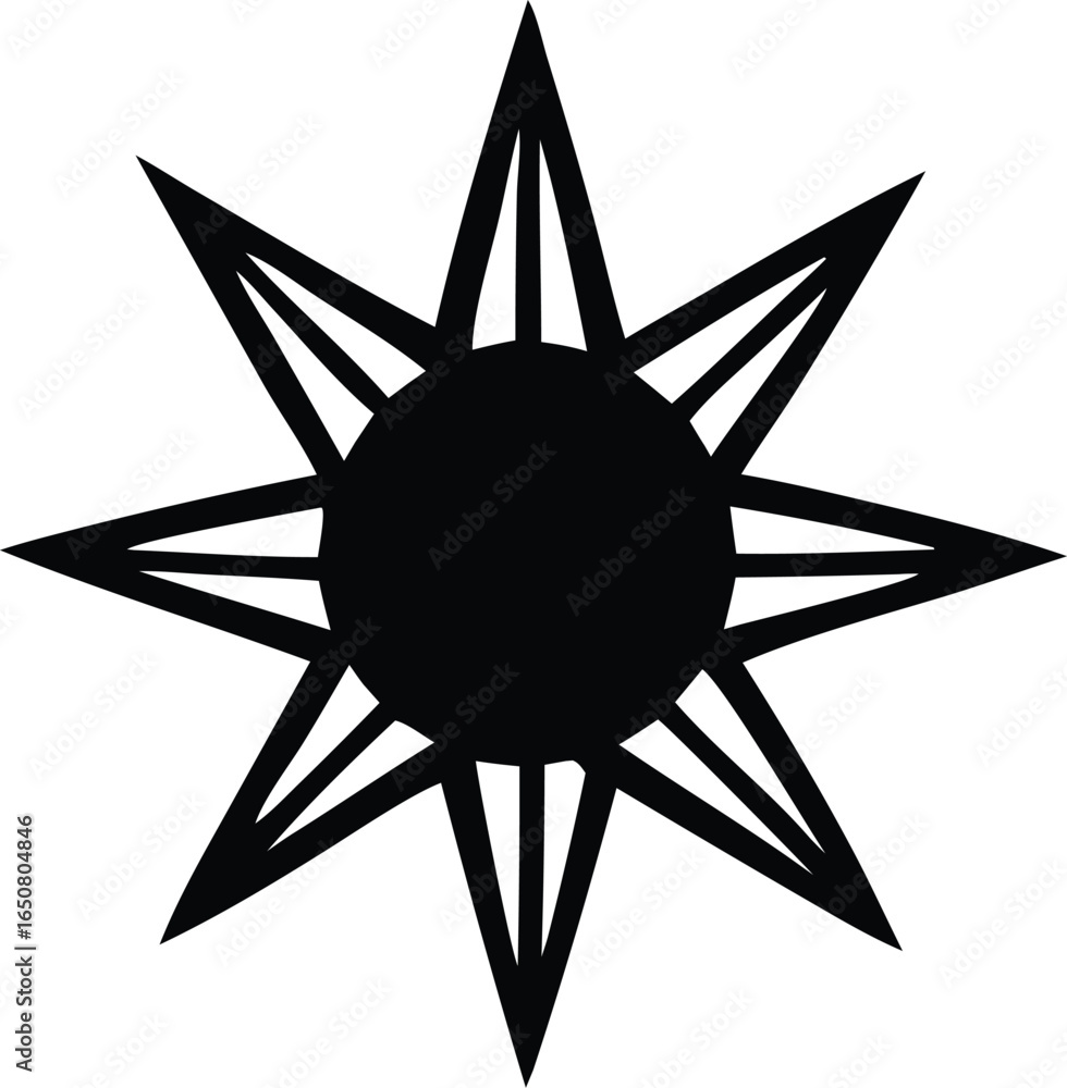 Poster a striking black eight pointed starburst symbol with a solid circular center radiating sharp geometr