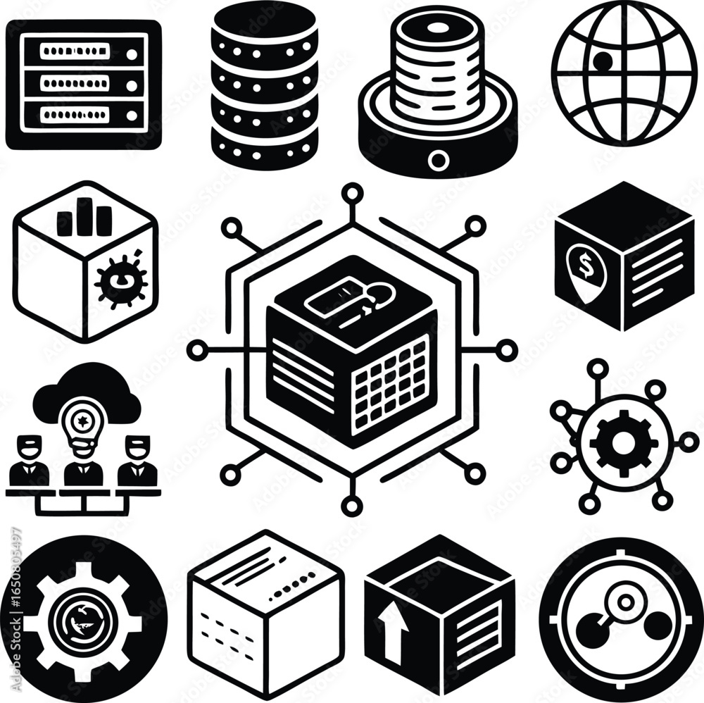 Poster a collection of stylized digital icons representing data management cloud computing networking and t