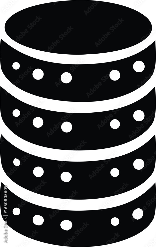 Poster stylized black and white icon representing a stack of databases or data storage cylinders with decor
