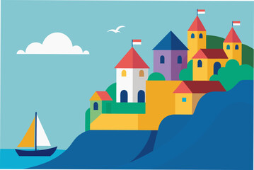 Cliffside Village with Colorful Houses and Sailboat