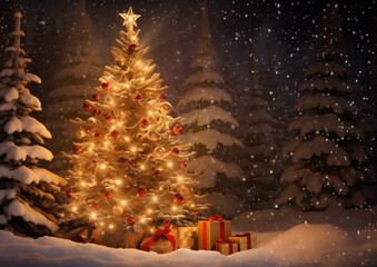 Christmas tree glowing with golden lights in snowy forest, surrounded by gift boxes, perfect festive holiday background.