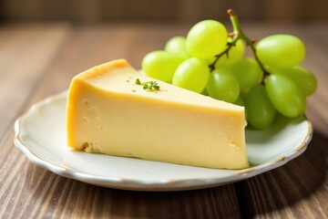 Creamy cheese wedge and green grapes on white , tabletop photography, fresh