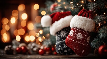 Obraz premium Festive Christmas Stockings Hanging by a Decorated Tree with Warm Bokeh Lights