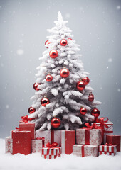Elegant silver and white Christmas tree with ornaments and gifts in snowy background, festive seasonal celebration scene.