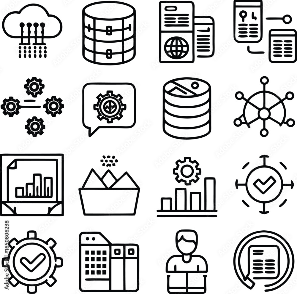 Poster a collection of clean simple line art icons representing various aspects of data management cloud co