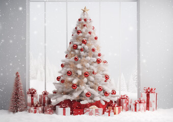 Elegant silver and white Christmas tree with ornaments and gifts in snowy background, festive seasonal celebration scene.