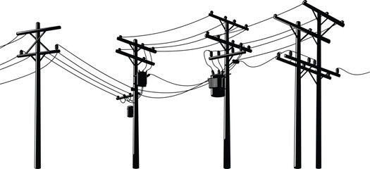 Silhouette of urban electrical power lines and utility poles against clear sky, black and white illustration of energy distribution infrastructure network