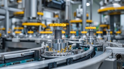 Automated Assembly Line Machinery with Silver and Yellow Mechanical Components