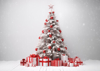 Elegant silver and white Christmas tree with ornaments and gifts in snowy background, festive seasonal celebration scene.