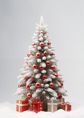 Elegant silver and white Christmas tree with ornaments and gifts in snowy background, festive seasonal celebration scene.