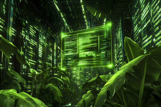 Futuristic data center with green neon lights and tropical plants. Artificial intelligence and sustainable technology concept for digital world.