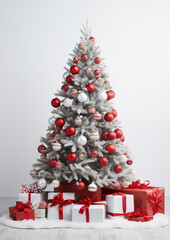 Elegant silver and white Christmas tree with ornaments and gifts in snowy background, festive seasonal celebration scene.