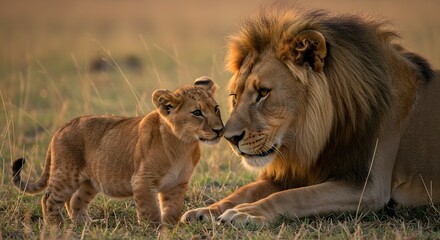 Majestic male lion father sharing a tender and affectionate moment with his young cub in the wild savanna