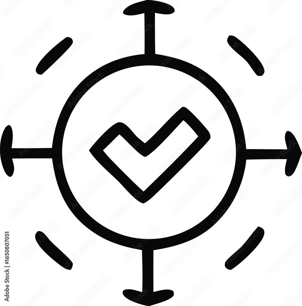 Poster abstract circular icon with a bold checkmark at its center surrounded by radiating lines and directi