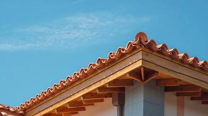 Roof with Clay Tiles Against a Clear Blue Sky on Sunny Day