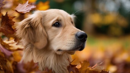A friendly Golden Retriever with tan and cream fur plays amidst fallen autumn leaves,