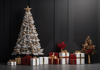 Modern Christmas tree decorated in golden ornaments standing indoors with wrapped gifts, elegant holiday interior.