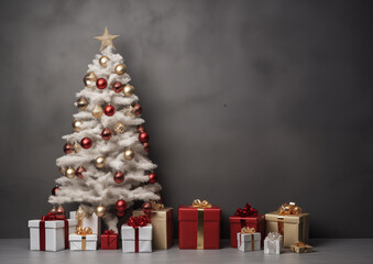Modern Christmas tree decorated in golden ornaments standing indoors with wrapped gifts, elegant holiday interior.