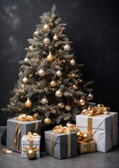 Modern Christmas tree decorated in golden ornaments standing indoors with wrapped gifts, elegant holiday interior.