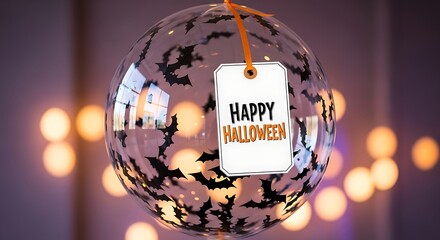 A close up of a clear balloon filled with black bats and a happy halloween tag with bokeh background
