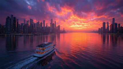 Fototapeta premium City skyline at sunset with river cruise boat and colorful sky