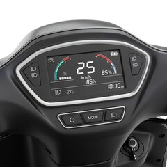 Modern Digital Dashboard of an Electric Scooter Displaying Speed, Battery Level, and Time