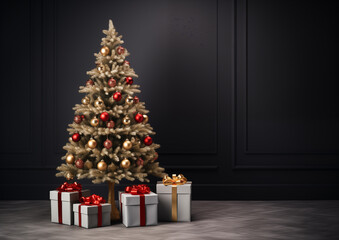 Modern Christmas tree decorated in golden ornaments standing indoors with wrapped gifts, elegant holiday interior.
