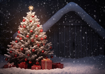 Christmas tree with red ornaments and gifts shining outside cozy snow-covered cabin, festive holiday winter scene.