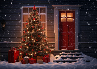 Christmas tree with red ornaments and gifts shining outside cozy snow-covered cabin, festive holiday winter scene.