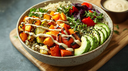 Quinoa Bowl with Roasted Vegetables, Avocado Slices, and Herbs Topped with Creamy Dressing