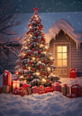 Christmas tree with red ornaments and gifts shining outside cozy snow-covered cabin, festive holiday winter scene.