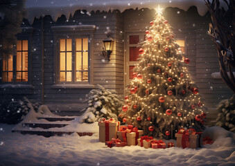 Christmas tree with red ornaments and gifts shining outside cozy snow-covered cabin, festive holiday winter scene.